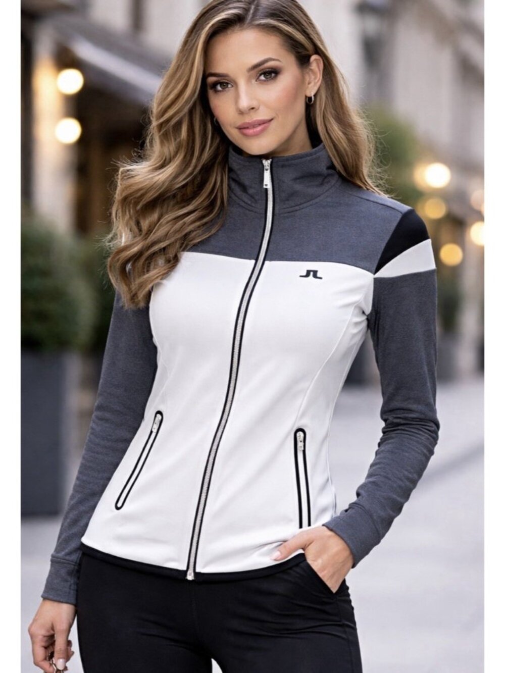 J Lindeberg White Gray Black Colorblock Full Zip Golf Tech Jersey Jacket